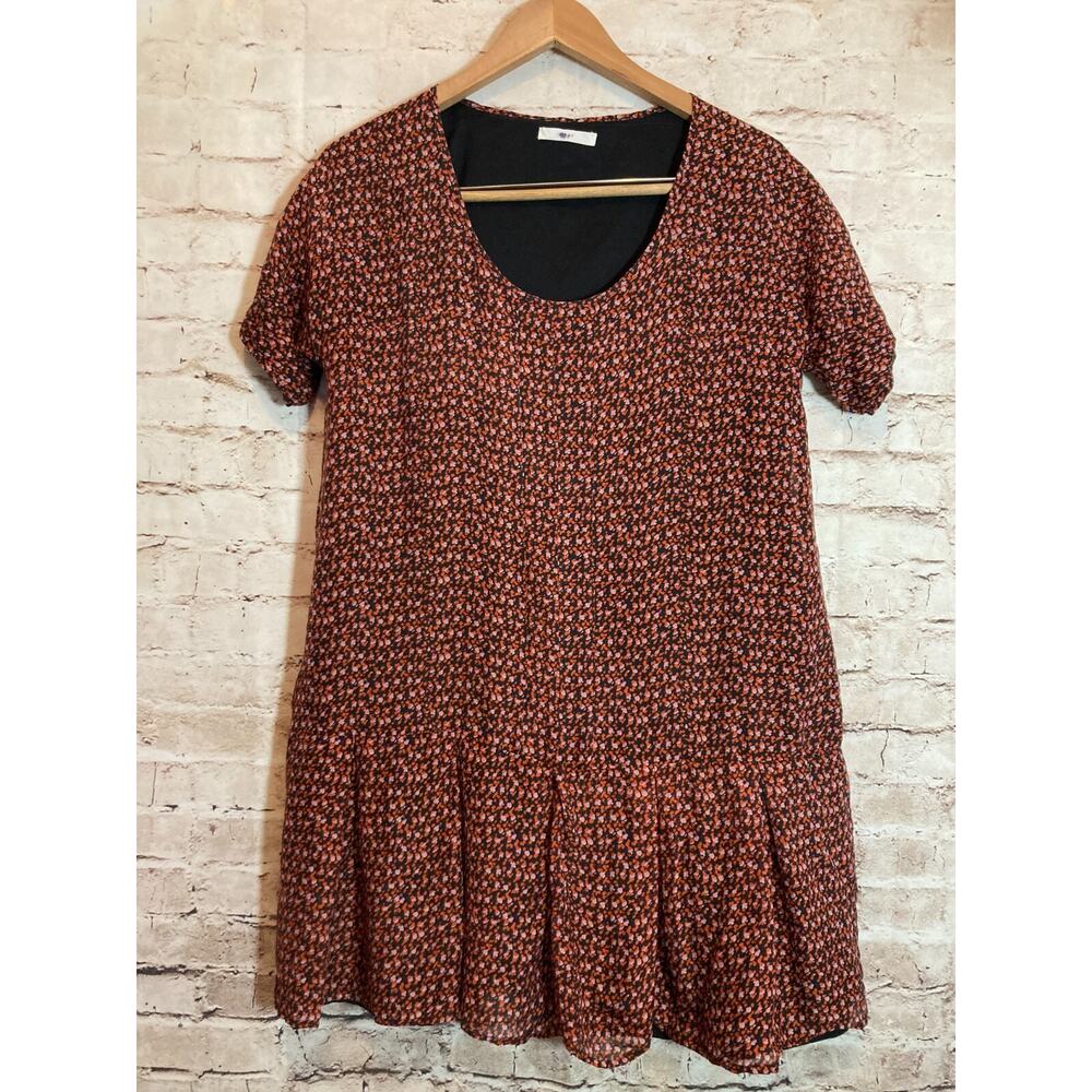 ELIOT Silk Babydoll Dress Womens Large Micro Floral Ruffle Hem Dark Romantic